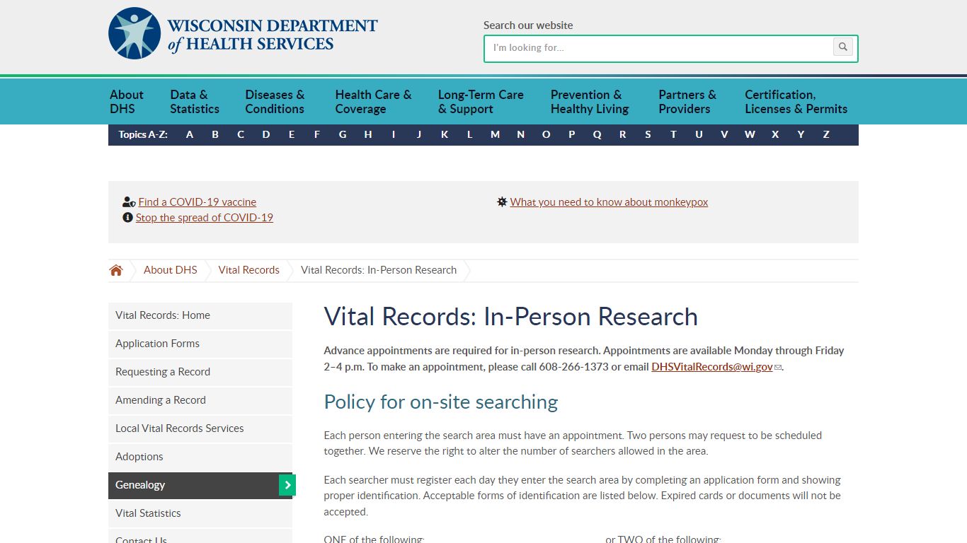 Vital Records: In-Person Research - Wisconsin Department of Health Services